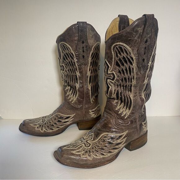 Corral Wing & Cross Cowboy Boots Women's Brown Embroidered Square Toe Western - Picture 1 of 12